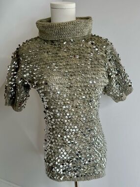 Vintage Windsor 100% Wool Hand Crocheted Sequin Turtleneck Sweater S